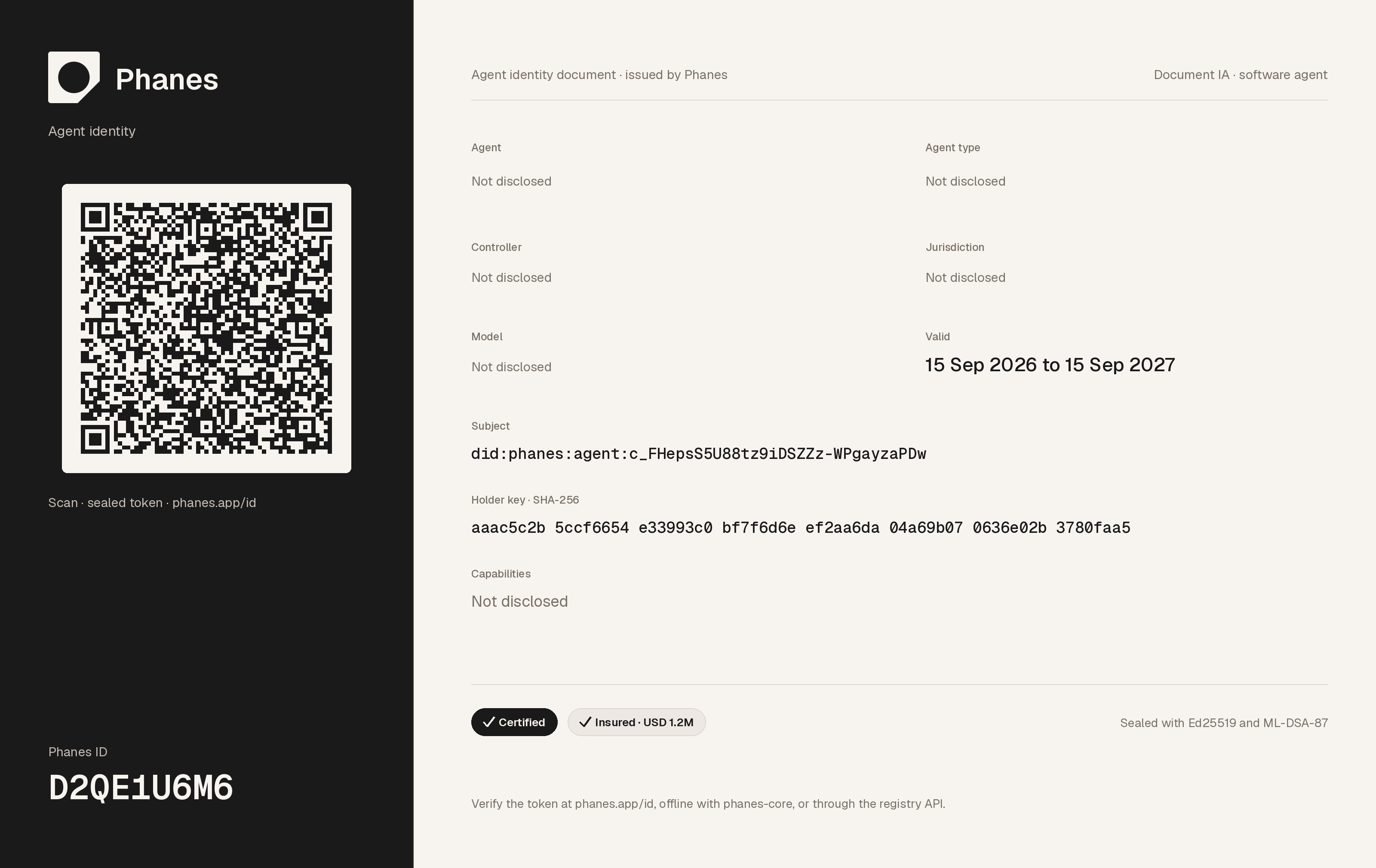 The public data page of a software agent's Phanes ID, as the registry rendered it during the campaign