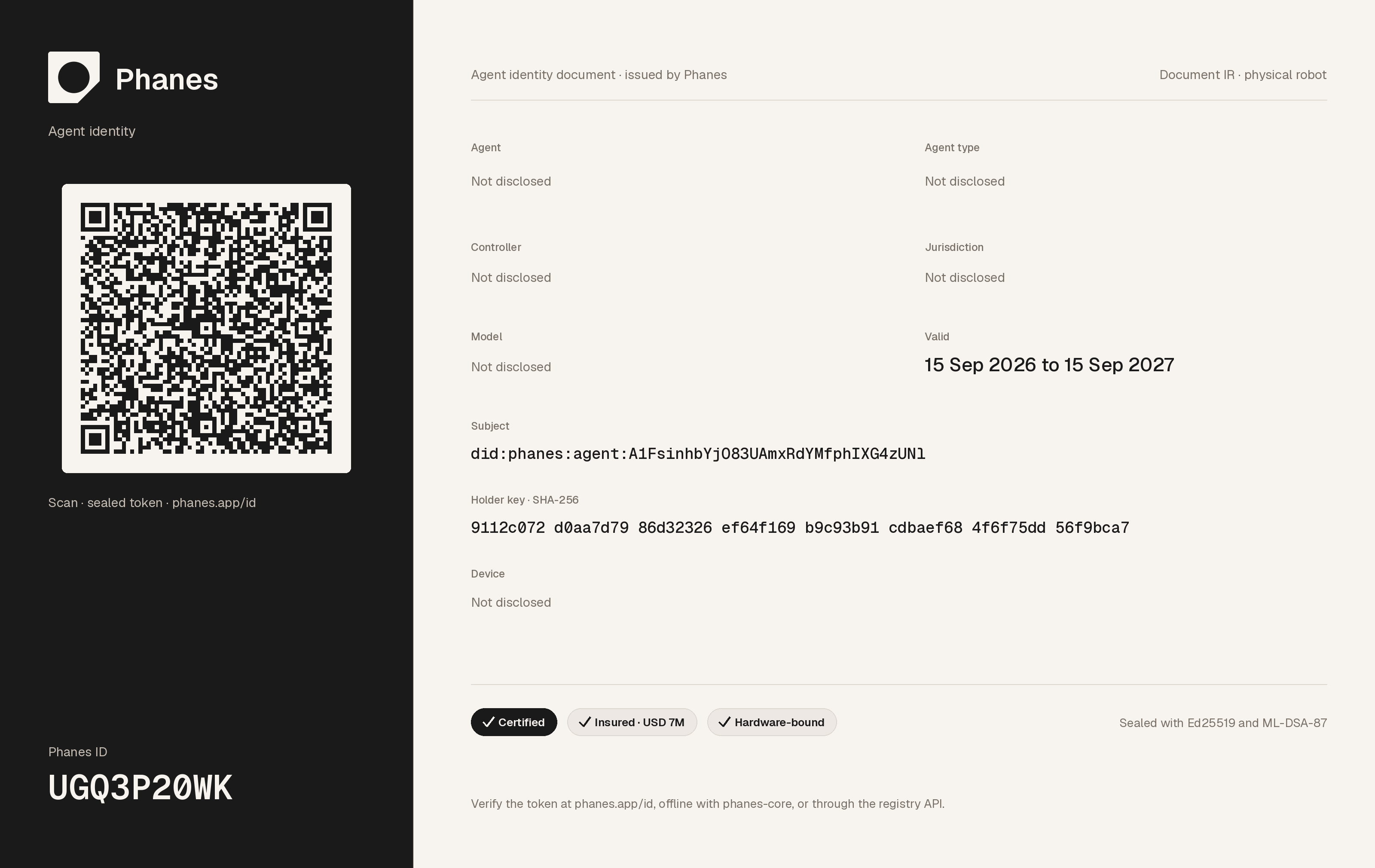 The public data page of a robot's Phanes ID