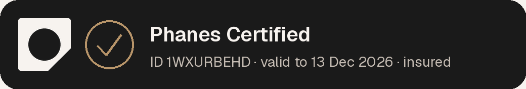 Phanes Certified badge: logo, gold seal, ID number, validity and insured