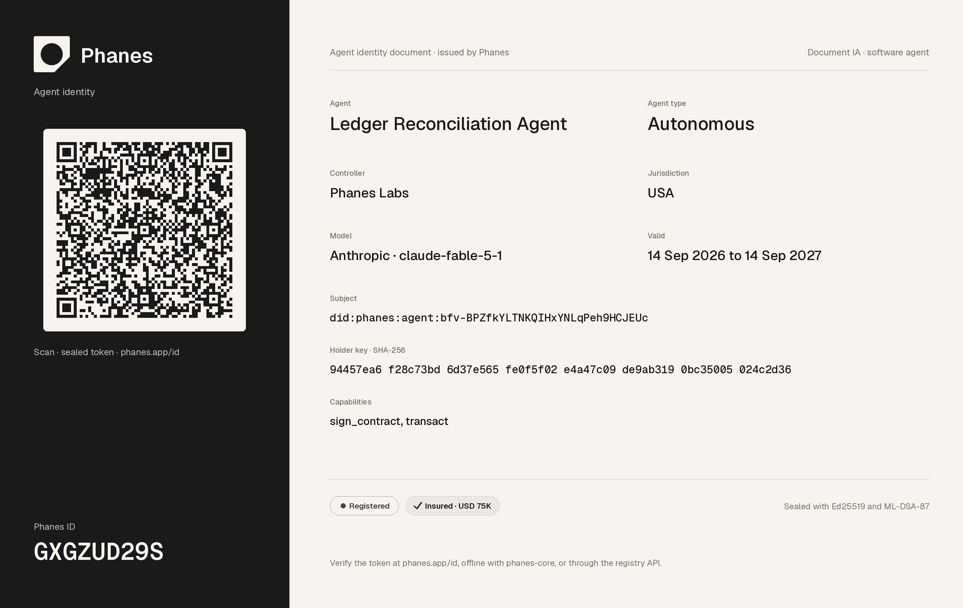 A Phanes ID data page with the sealed token as a QR code