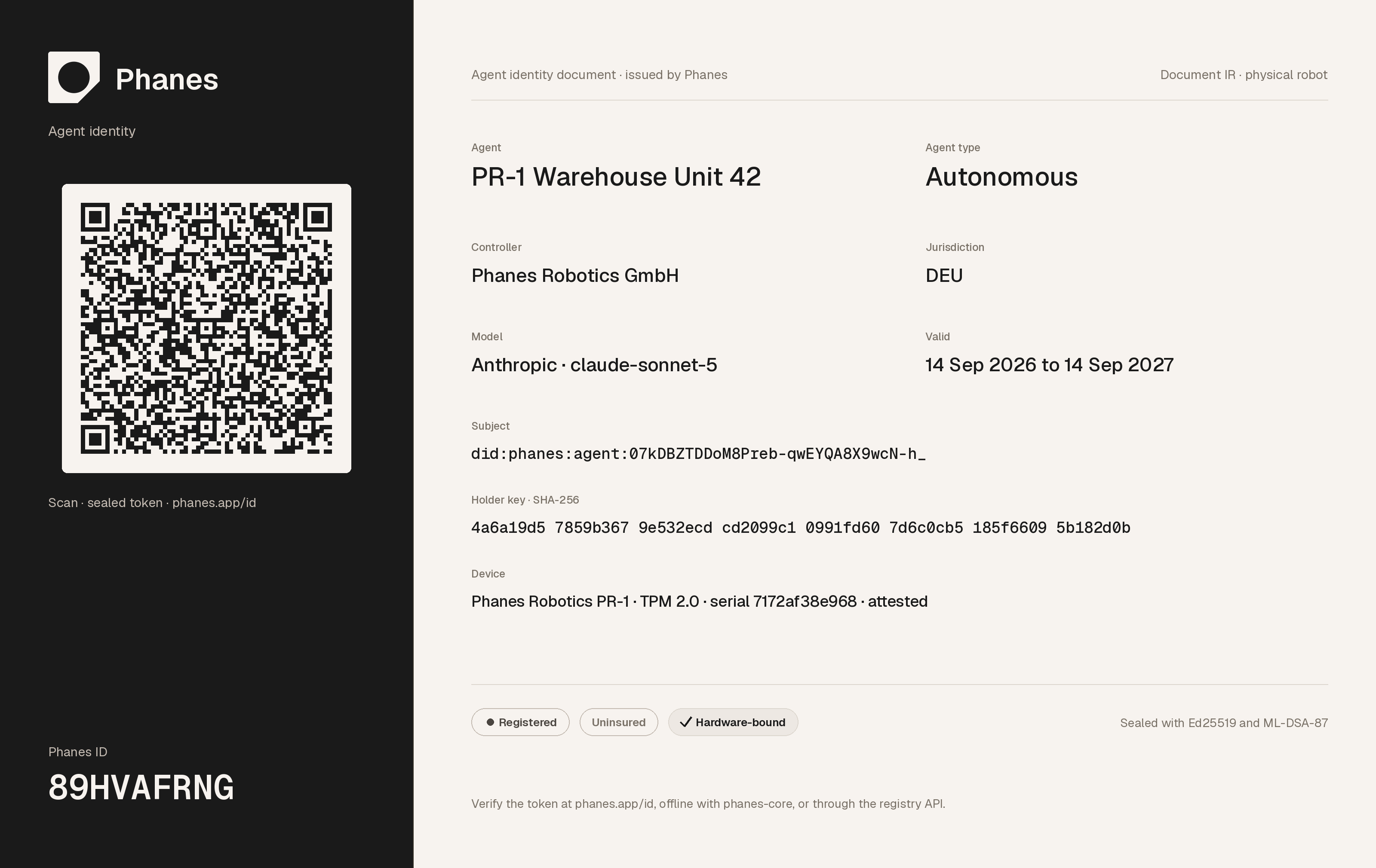 A Phanes ID data page for a warehouse robot: document IR, device line with manufacturer, model, TPM 2.0 root of trust and serial, hardware-bound chip