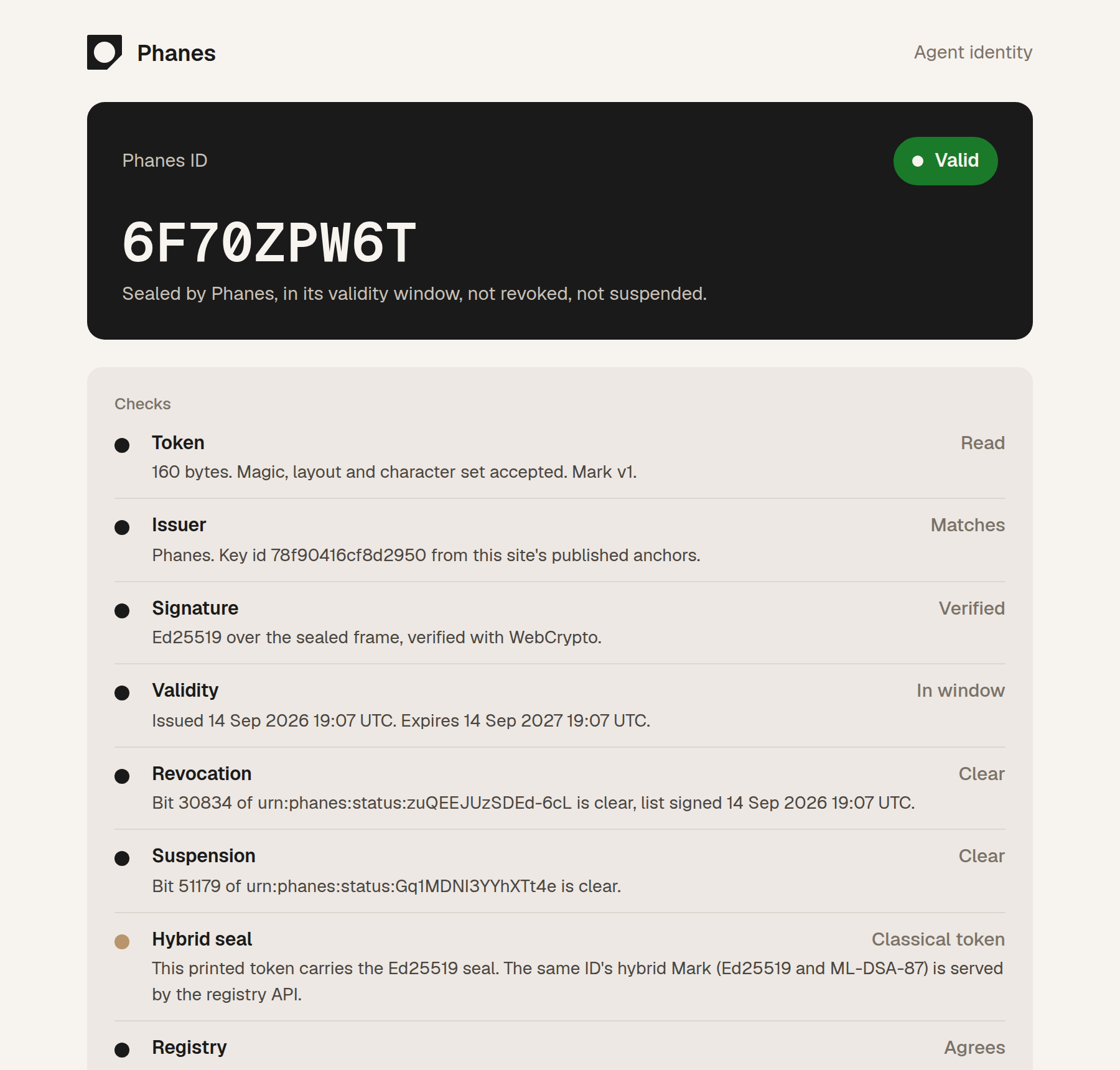 phanes.app/id showing a Valid verdict for a token with all eight checks passed